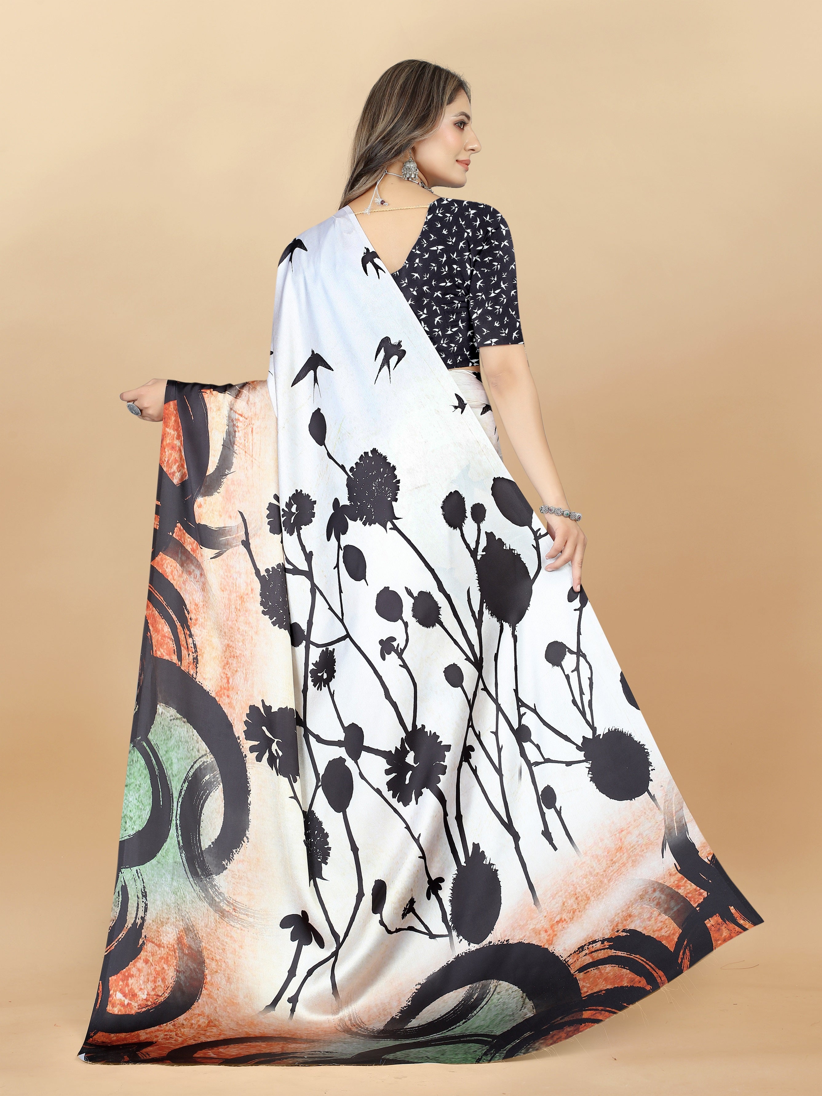 Vedant Vastram Digital Print Japan Satin Silk Party Wear Saree with Unstitched Blouse Piece - Cream