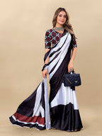 Vedant Vastram Digital Print Japan Satin Silk Party Wear Saree with Unstitched Blouse Piece - Black