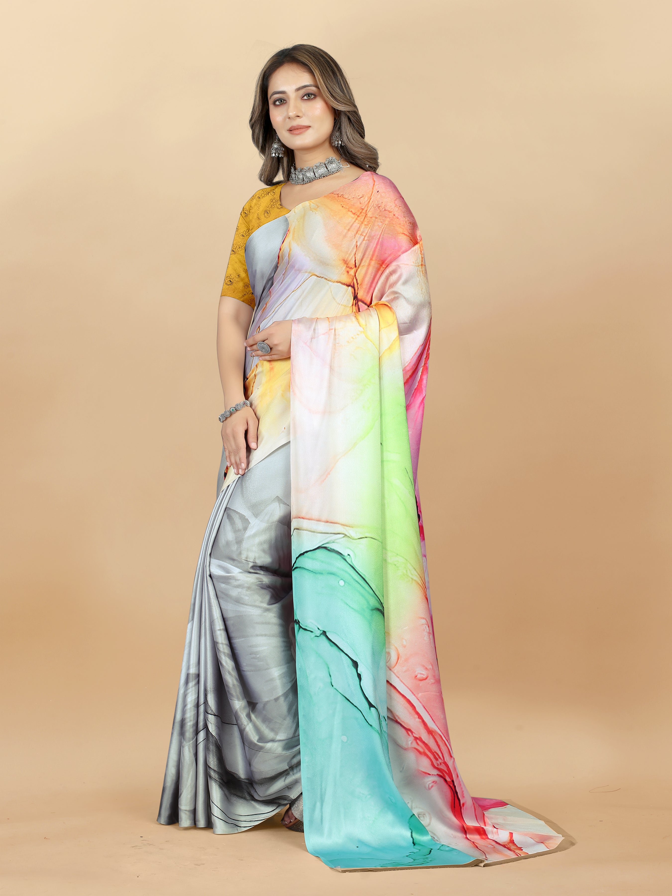 Vedant Vastram Digital Print Japan Satin Silk Party Wear Saree with Unstitched Blouse Piece - Multi Color