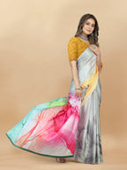 Vedant Vastram Digital Print Japan Satin Silk Party Wear Saree with Unstitched Blouse Piece - Multi Color