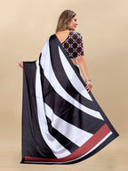 Vedant Vastram Digital Print Japan Satin Silk Party Wear Saree with Unstitched Blouse Piece - Black