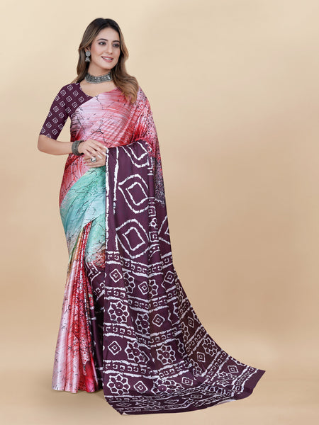Vedant Vastram Digital Print Japan Satin Silk Party Wear Saree with Unstitched Blouse Piece - Purple