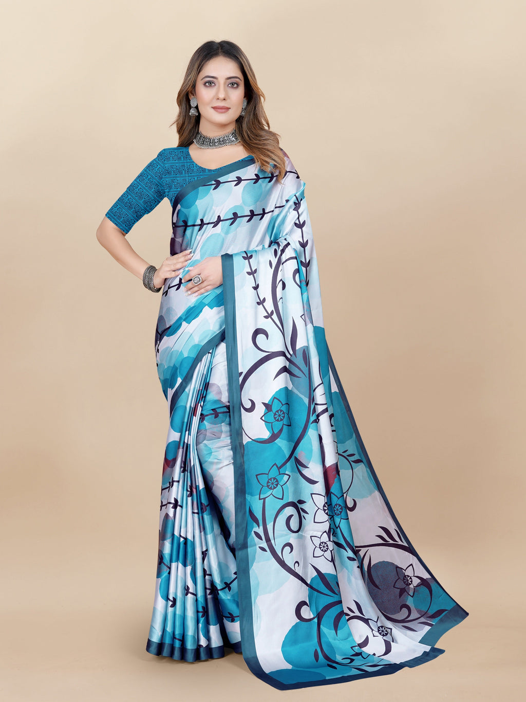 Vedant Vastram Digital Print Japan Satin Silk Party Wear Saree with Unstitched Blouse Piece - Turquoise