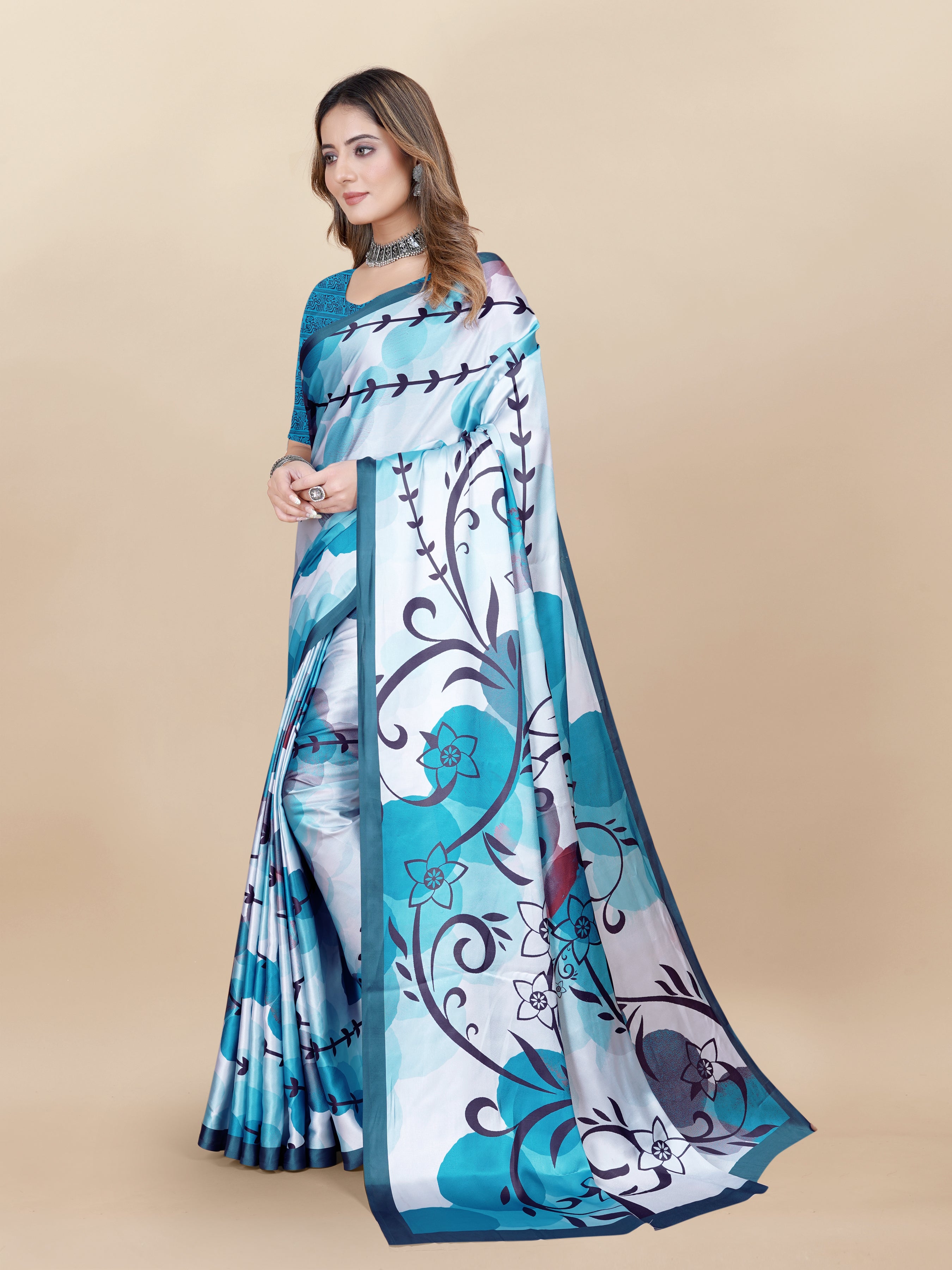 Vedant Vastram Digital Print Japan Satin Silk Party Wear Saree with Unstitched Blouse Piece - Turquoise