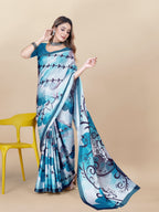 Vedant Vastram Digital Print Japan Satin Silk Party Wear Saree with Unstitched Blouse Piece - Turquoise