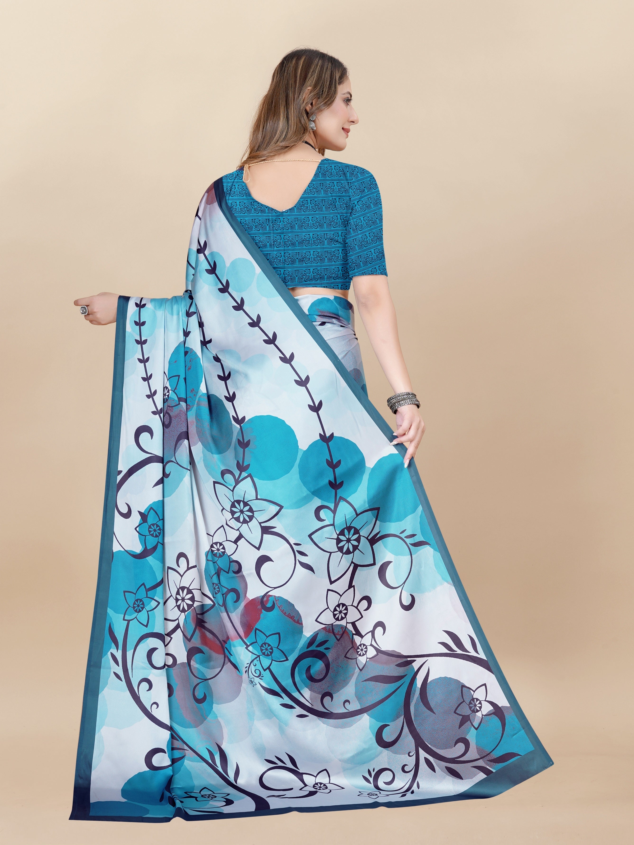 Vedant Vastram Digital Print Japan Satin Silk Party Wear Saree with Unstitched Blouse Piece - Turquoise