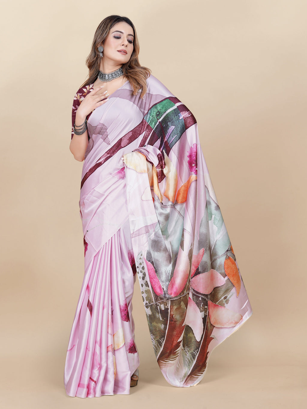 Vedant Vastram Digital Print Japan Satin Silk Party Wear Saree with Unstitched Blouse Piece - Pink