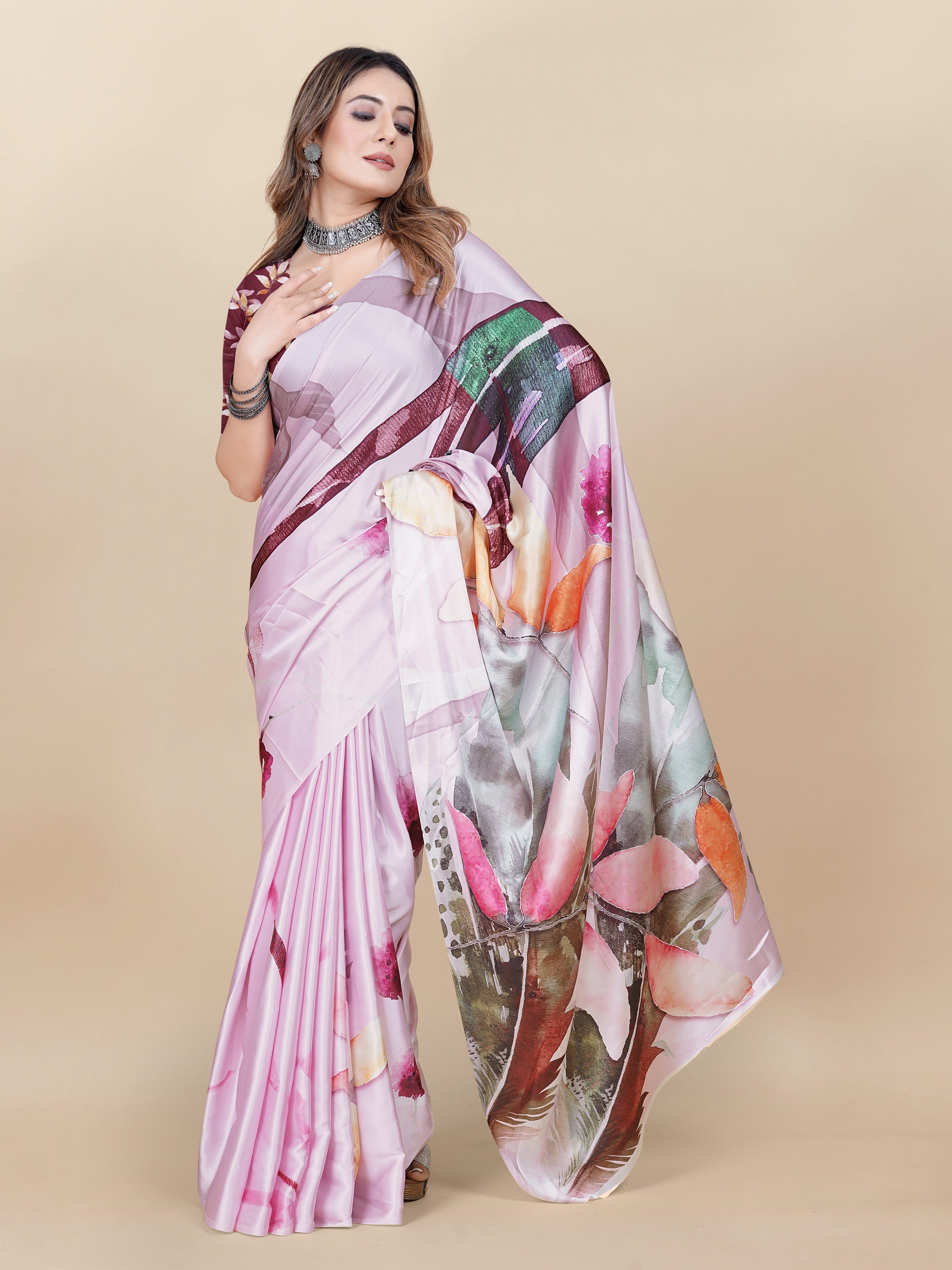 Vedant Vastram Digital Print Japan Satin Silk Party Wear Saree with Unstitched Blouse Piece - Pink