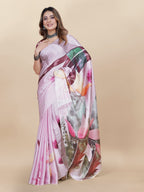 Vedant Vastram Digital Print Japan Satin Silk Party Wear Saree with Unstitched Blouse Piece - Pink