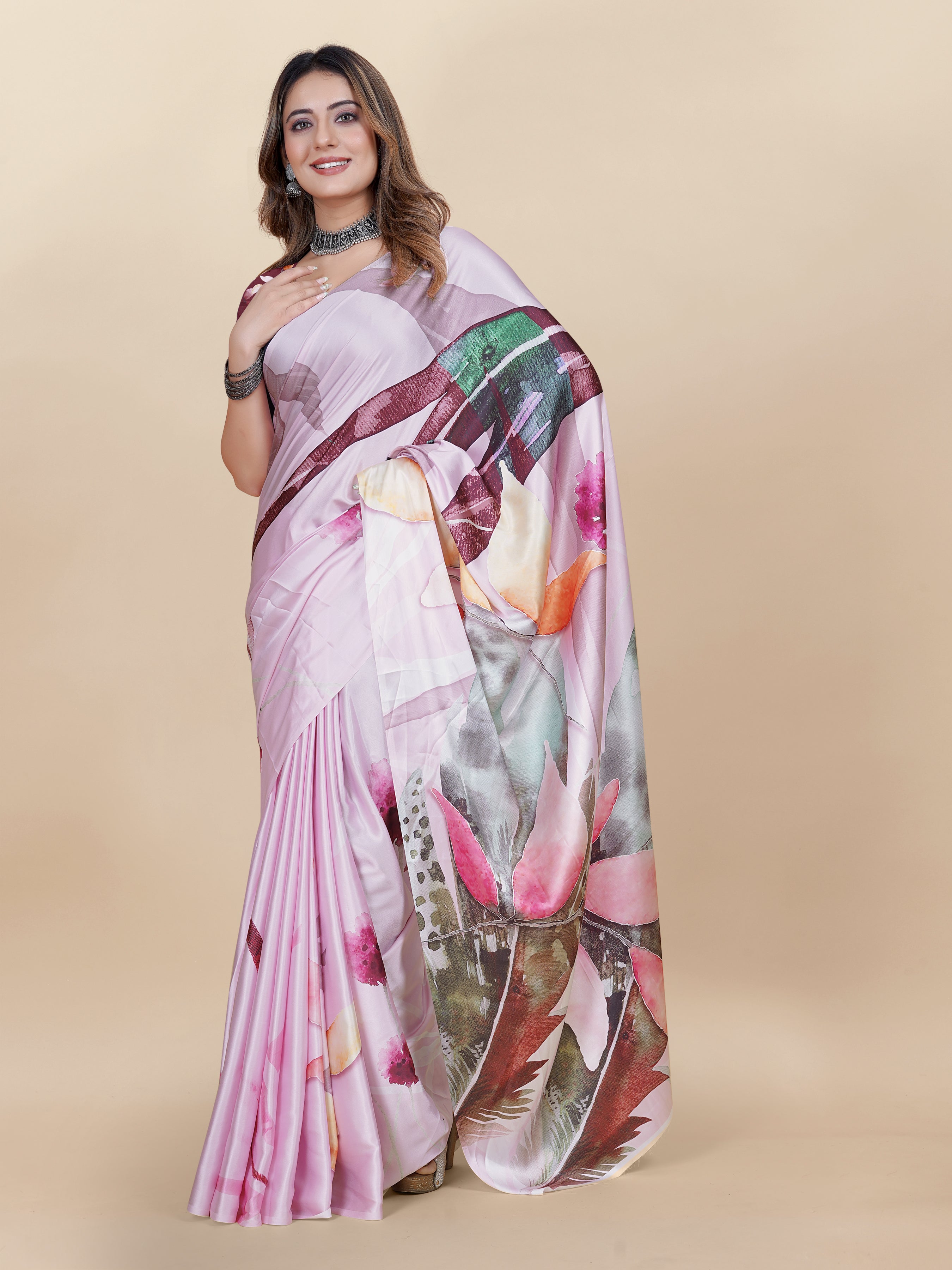Vedant Vastram Digital Print Japan Satin Silk Party Wear Saree with Unstitched Blouse Piece - Pink