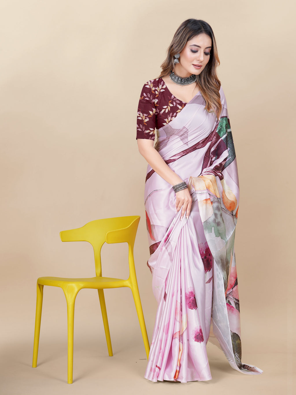 Vedant Vastram Digital Print Japan Satin Silk Party Wear Saree with Unstitched Blouse Piece - Pink
