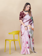 Vedant Vastram Digital Print Japan Satin Silk Party Wear Saree with Unstitched Blouse Piece - Pink