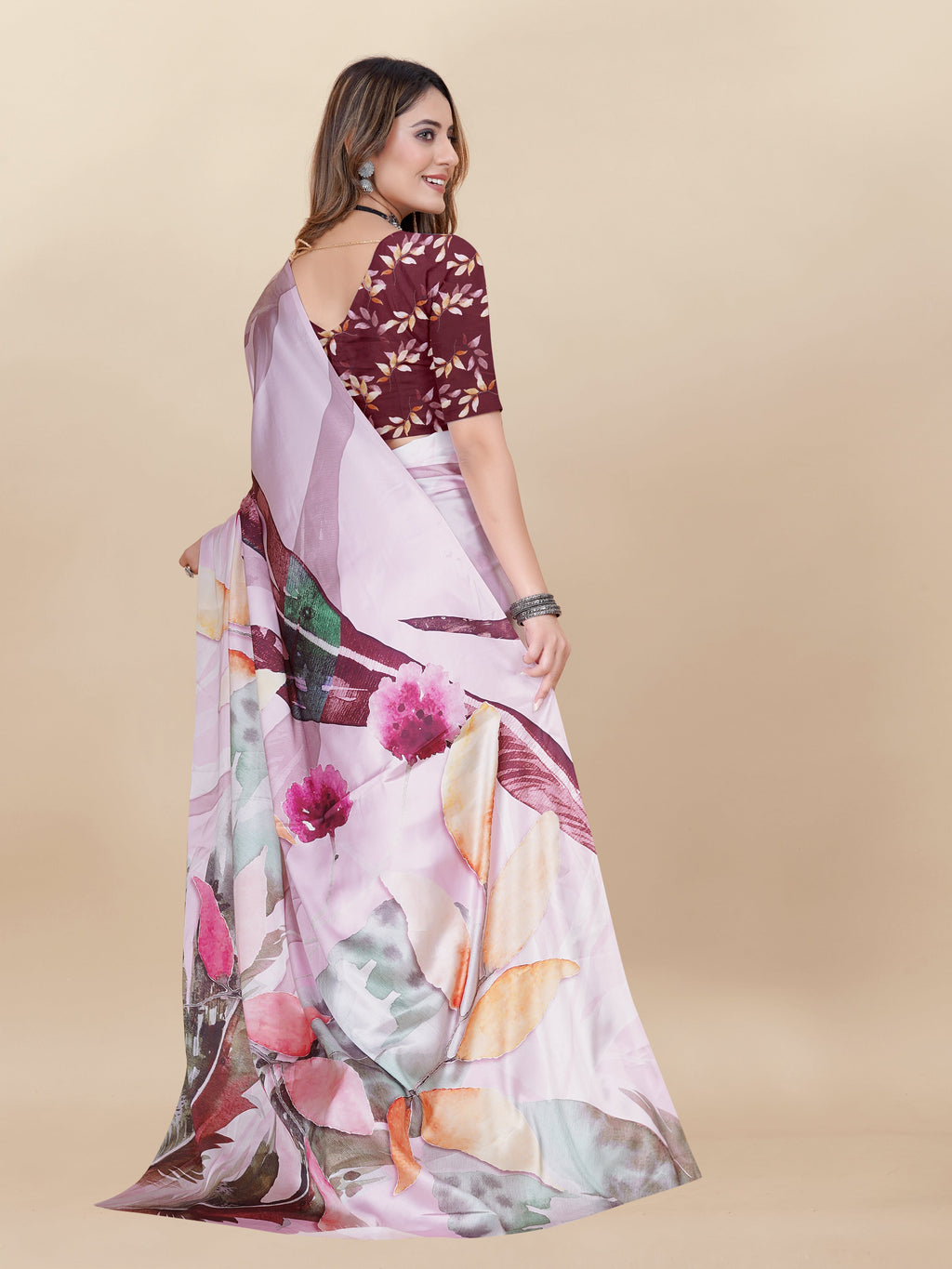 Vedant Vastram Digital Print Japan Satin Silk Party Wear Saree with Unstitched Blouse Piece - Pink