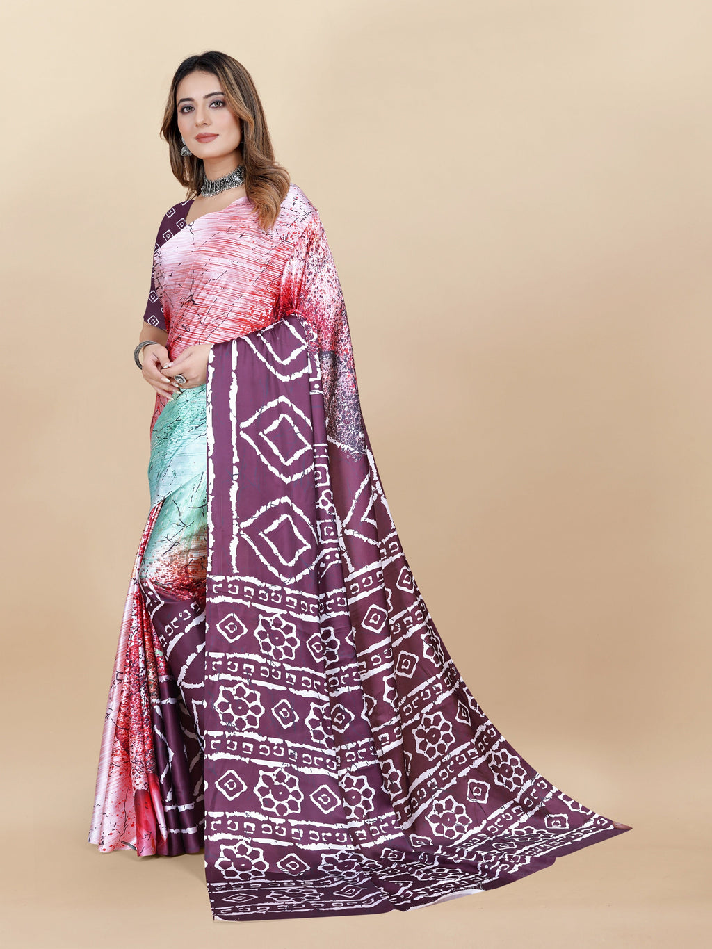 Vedant Vastram Digital Print Japan Satin Silk Party Wear Saree with Unstitched Blouse Piece - Purple