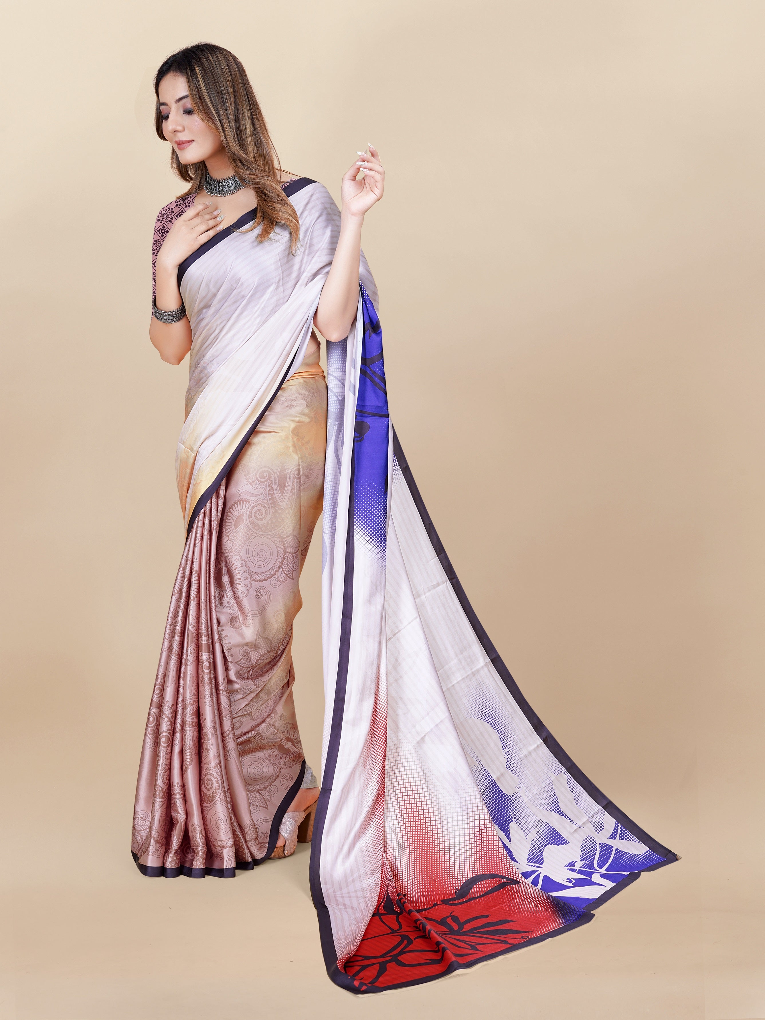 Vedant Vastram Digital Print Japan Satin Silk Party Wear Saree with Unstitched Blouse Piece - Purple