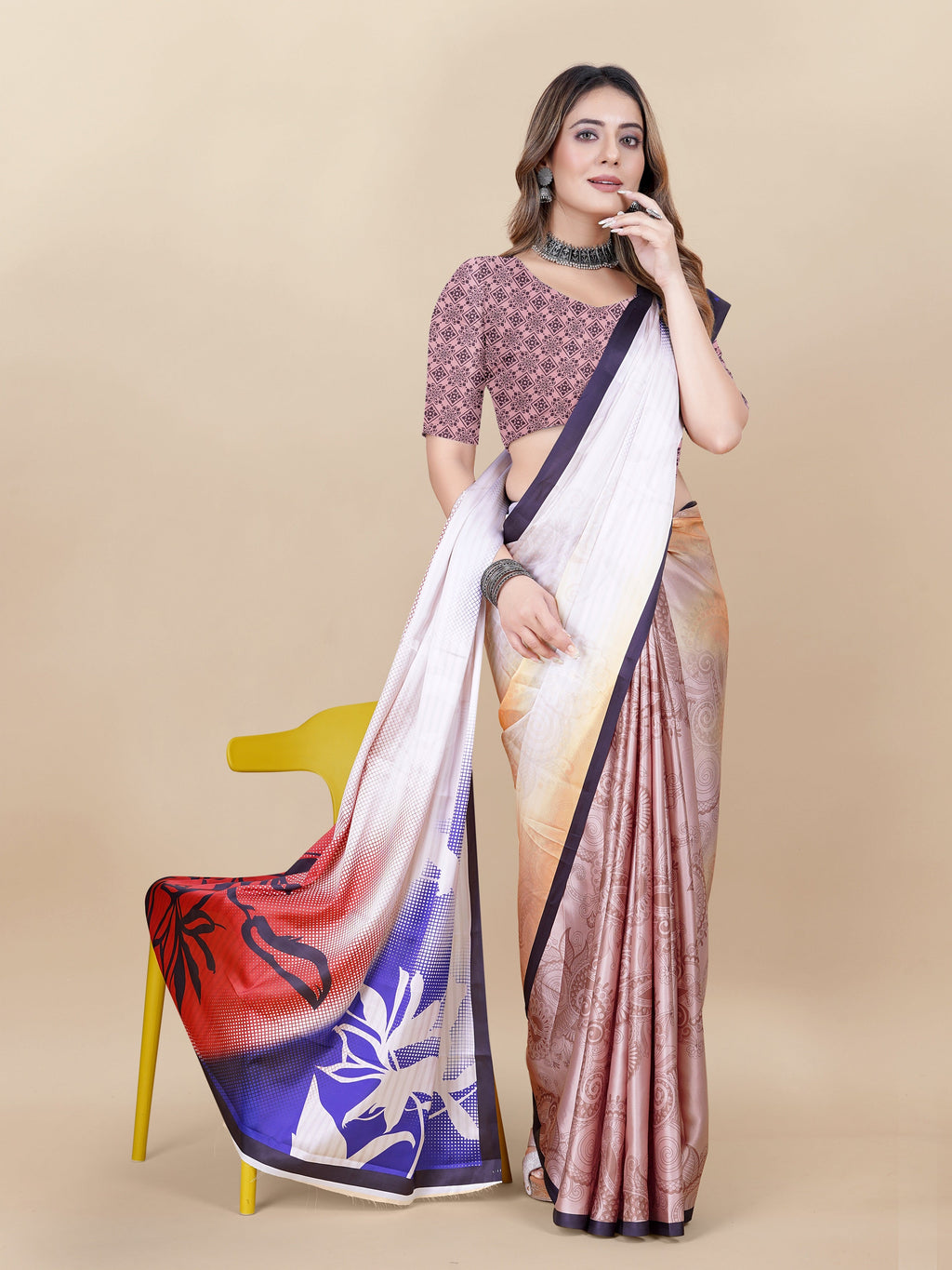 Vedant Vastram Digital Print Japan Satin Silk Party Wear Saree with Unstitched Blouse Piece - Purple