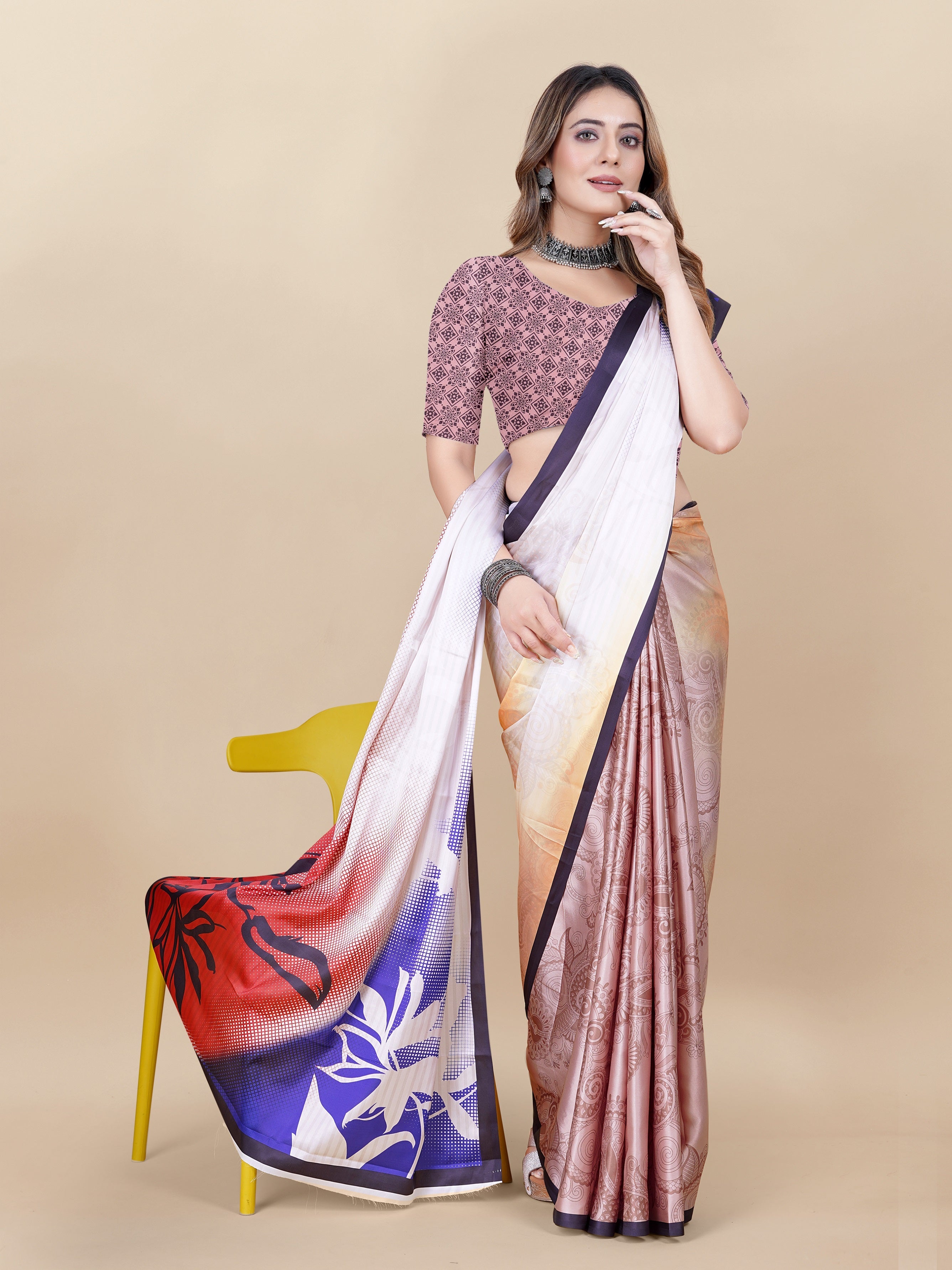 Vedant Vastram Digital Print Japan Satin Silk Party Wear Saree with Unstitched Blouse Piece - Purple