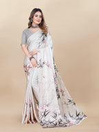 Vedant Vastram Digital Print Japan Satin Silk Party Wear Saree with Unstitched Blouse Piece - Cream