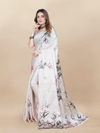 Vedant Vastram Digital Print Japan Satin Silk Party Wear Saree with Unstitched Blouse Piece - Cream