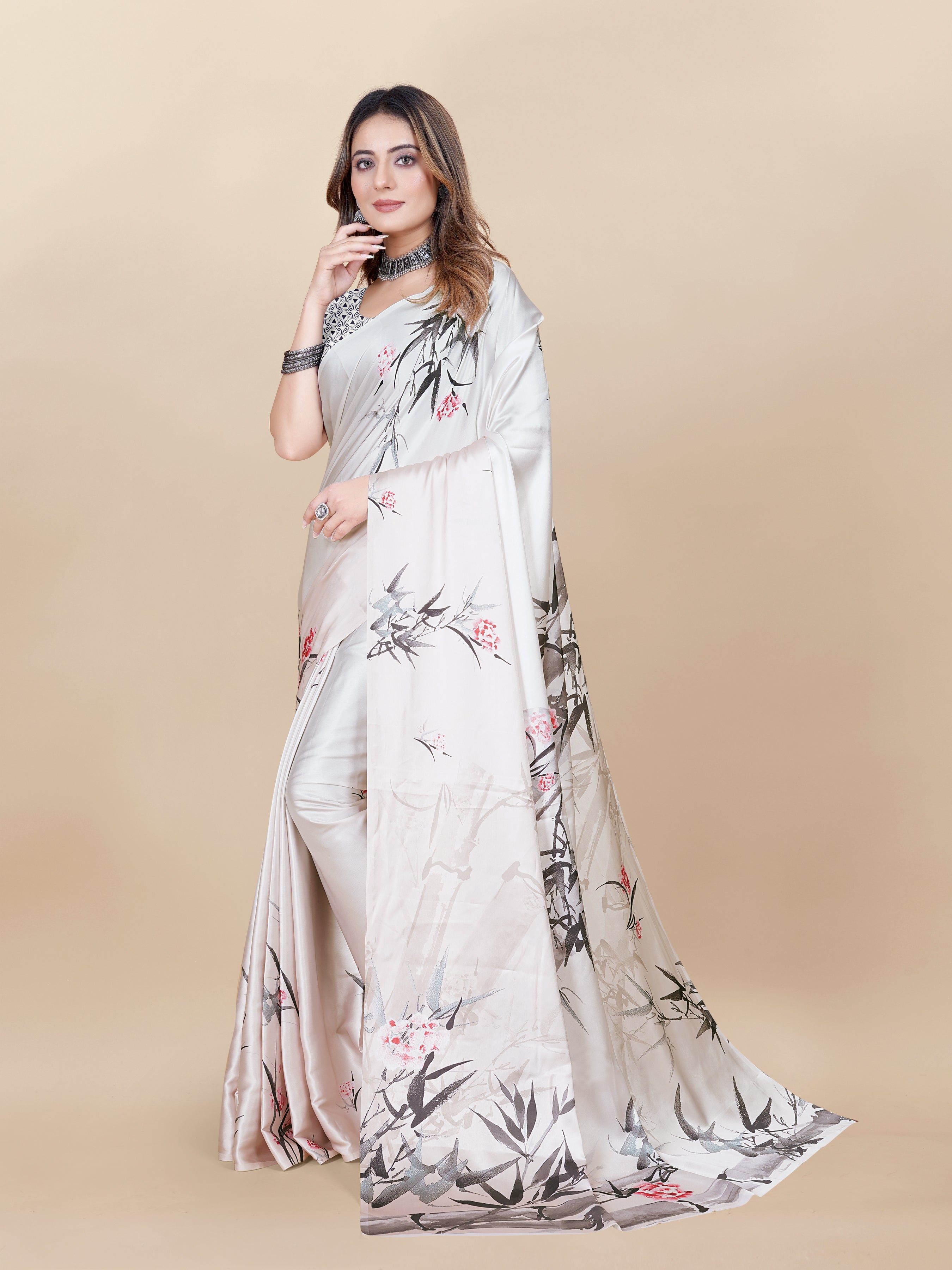 Vedant Vastram Digital Print Japan Satin Silk Party Wear Saree with Unstitched Blouse Piece - Cream