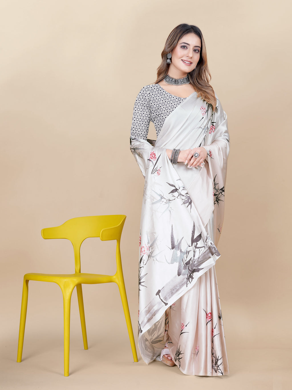 Vedant Vastram Digital Print Japan Satin Silk Party Wear Saree with Unstitched Blouse Piece - Cream