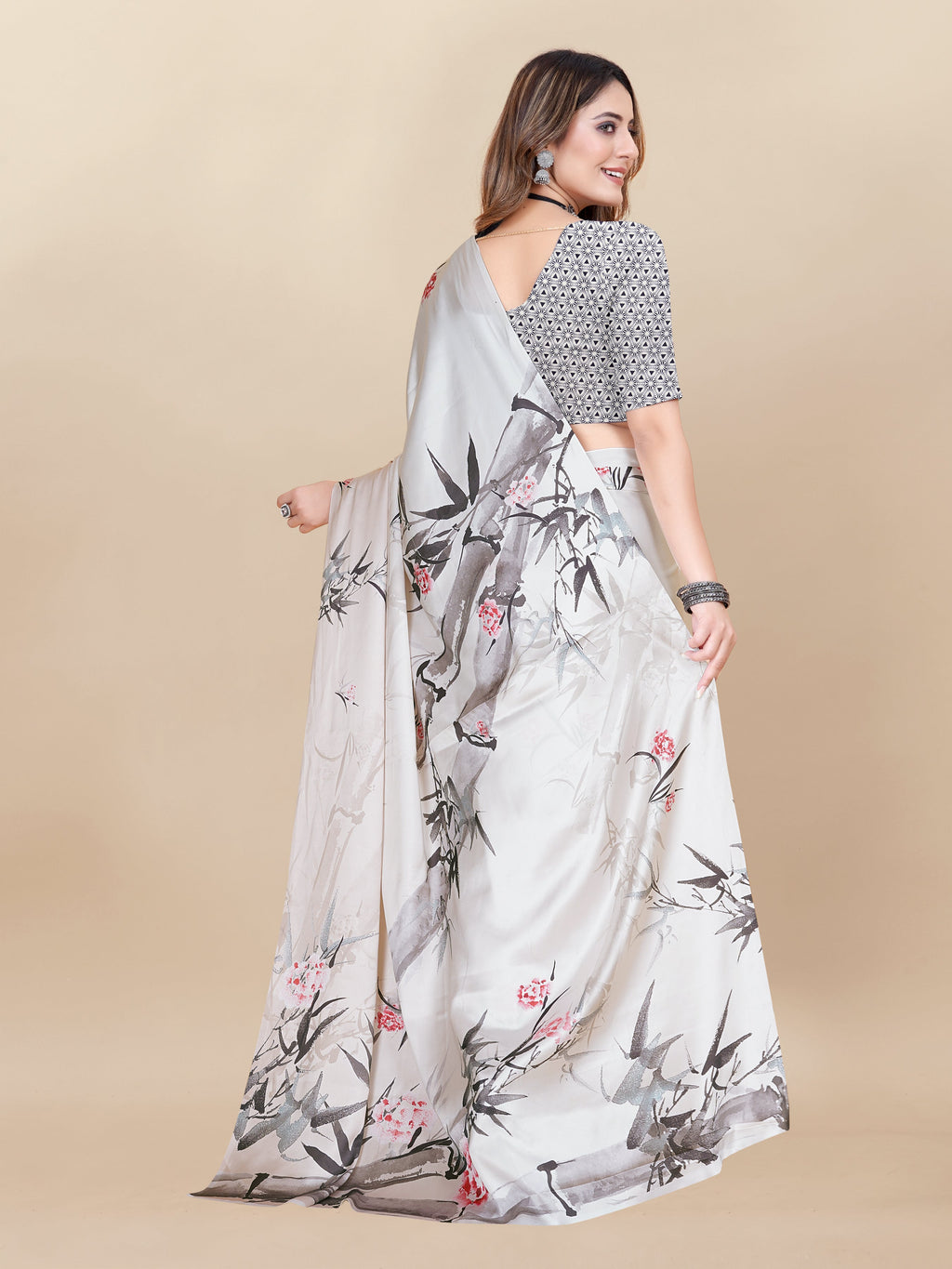 Vedant Vastram Digital Print Japan Satin Silk Party Wear Saree with Unstitched Blouse Piece - Cream