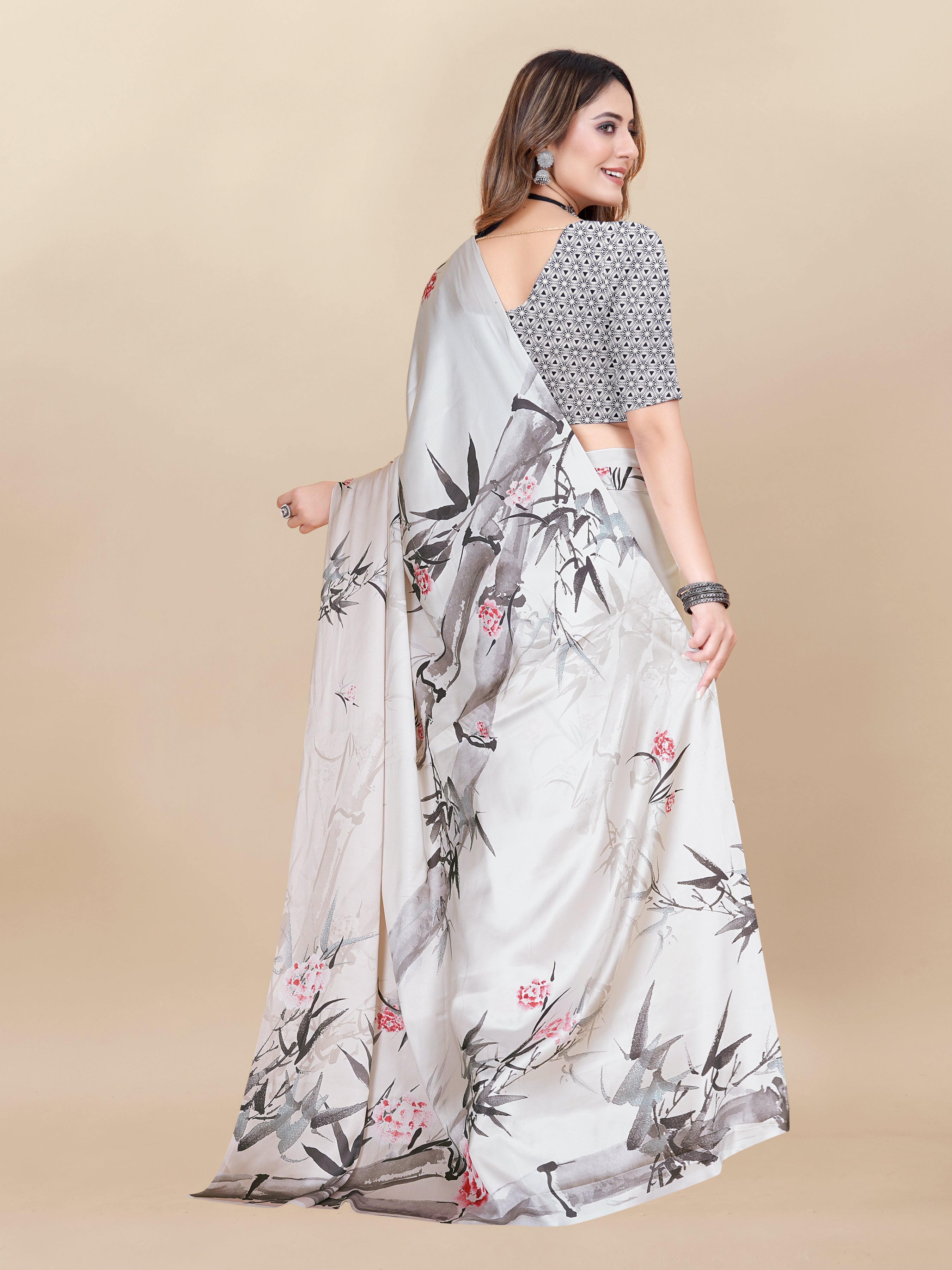 Vedant Vastram Digital Print Japan Satin Silk Party Wear Saree with Unstitched Blouse Piece - Cream