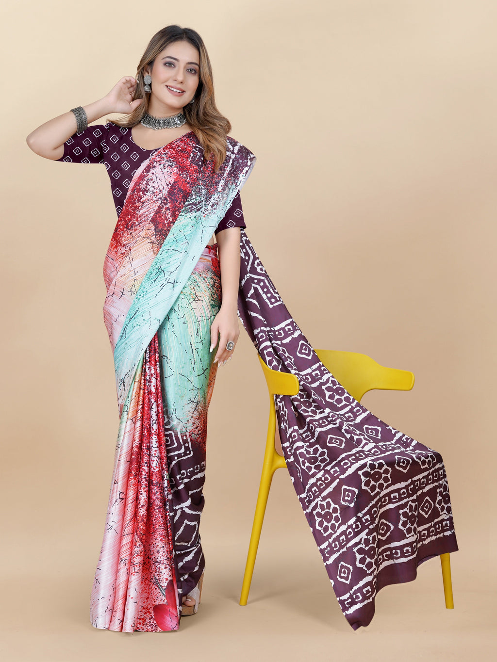 Vedant Vastram Digital Print Japan Satin Silk Party Wear Saree with Unstitched Blouse Piece - Purple