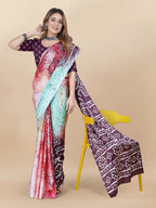 Vedant Vastram Digital Print Japan Satin Silk Party Wear Saree with Unstitched Blouse Piece - Purple