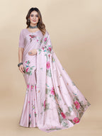 Vedant Vastram Digital Print Japan Satin Silk Party Wear Saree with Unstitched Blouse Piece - Pink