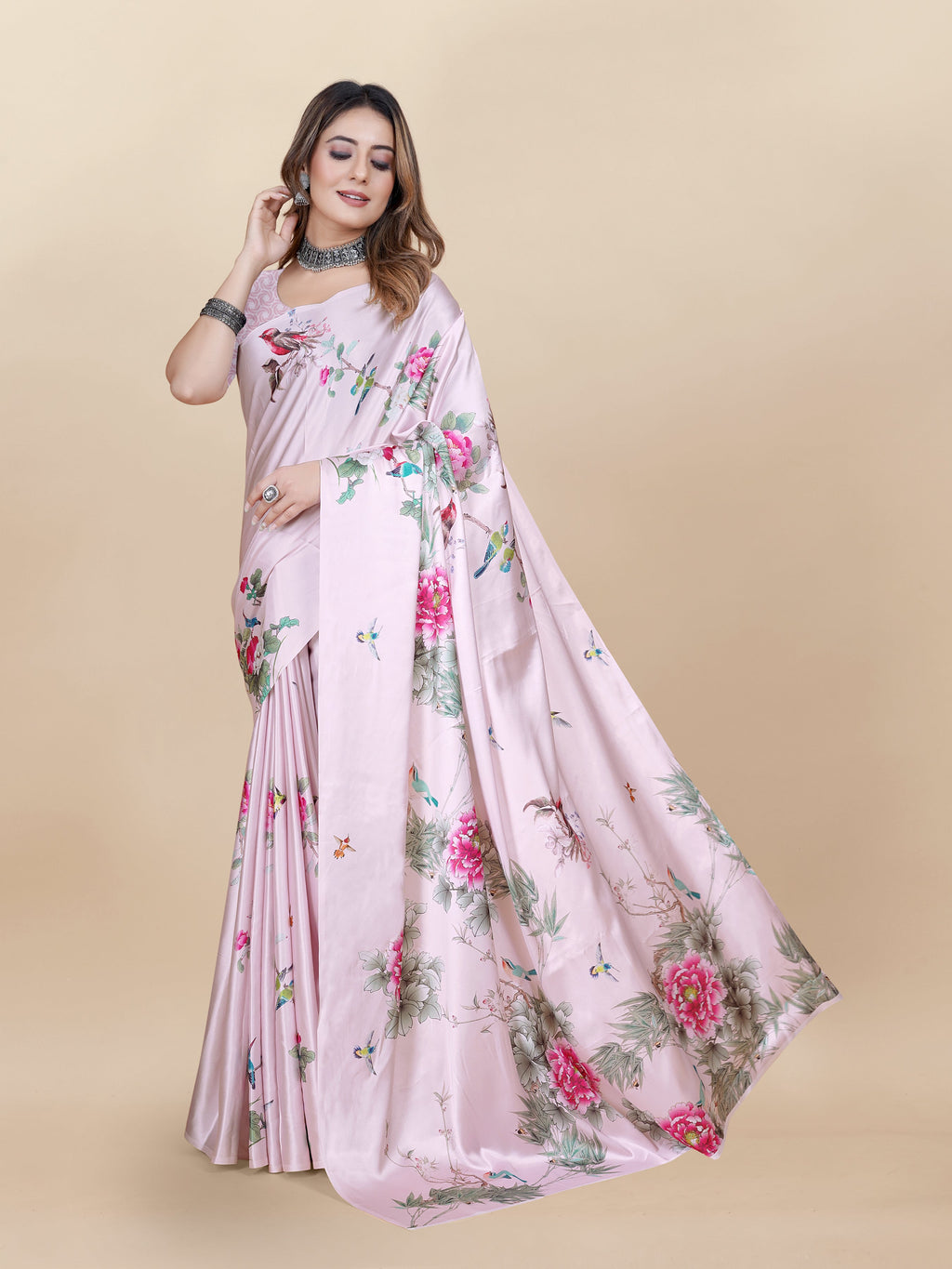Vedant Vastram Digital Print Japan Satin Silk Party Wear Saree with Unstitched Blouse Piece - Pink