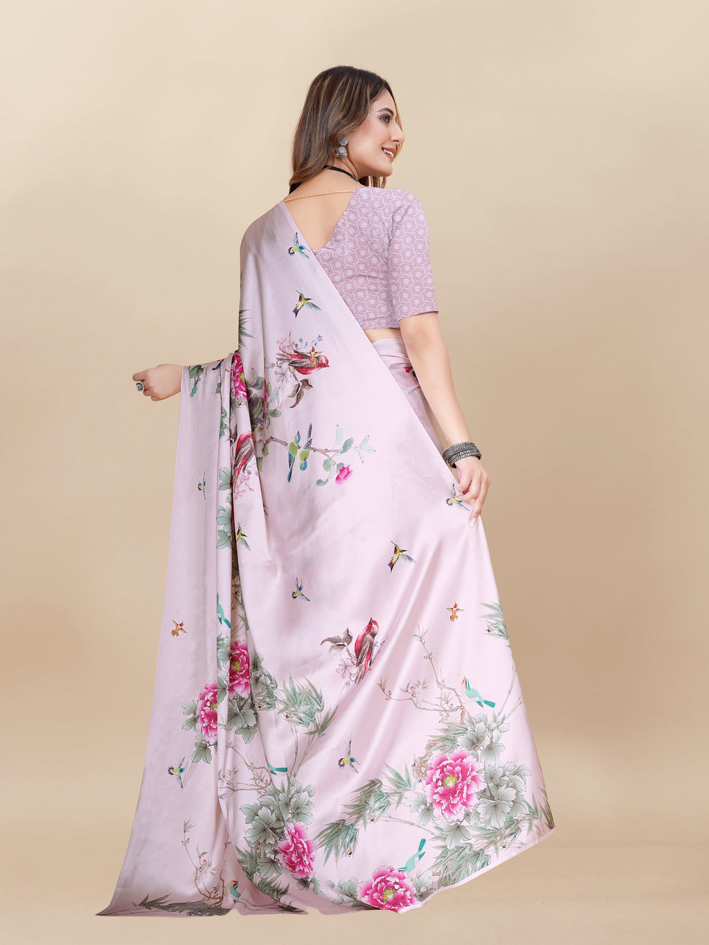 Vedant Vastram Digital Print Japan Satin Silk Party Wear Saree with Unstitched Blouse Piece - Pink