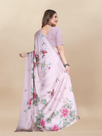 Vedant Vastram Digital Print Japan Satin Silk Party Wear Saree with Unstitched Blouse Piece - Pink