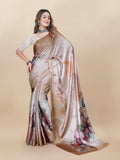 Vedant Vastram Digital Print Japan Satin Silk Party Wear Saree with Unstitched Blouse Piece - Beige