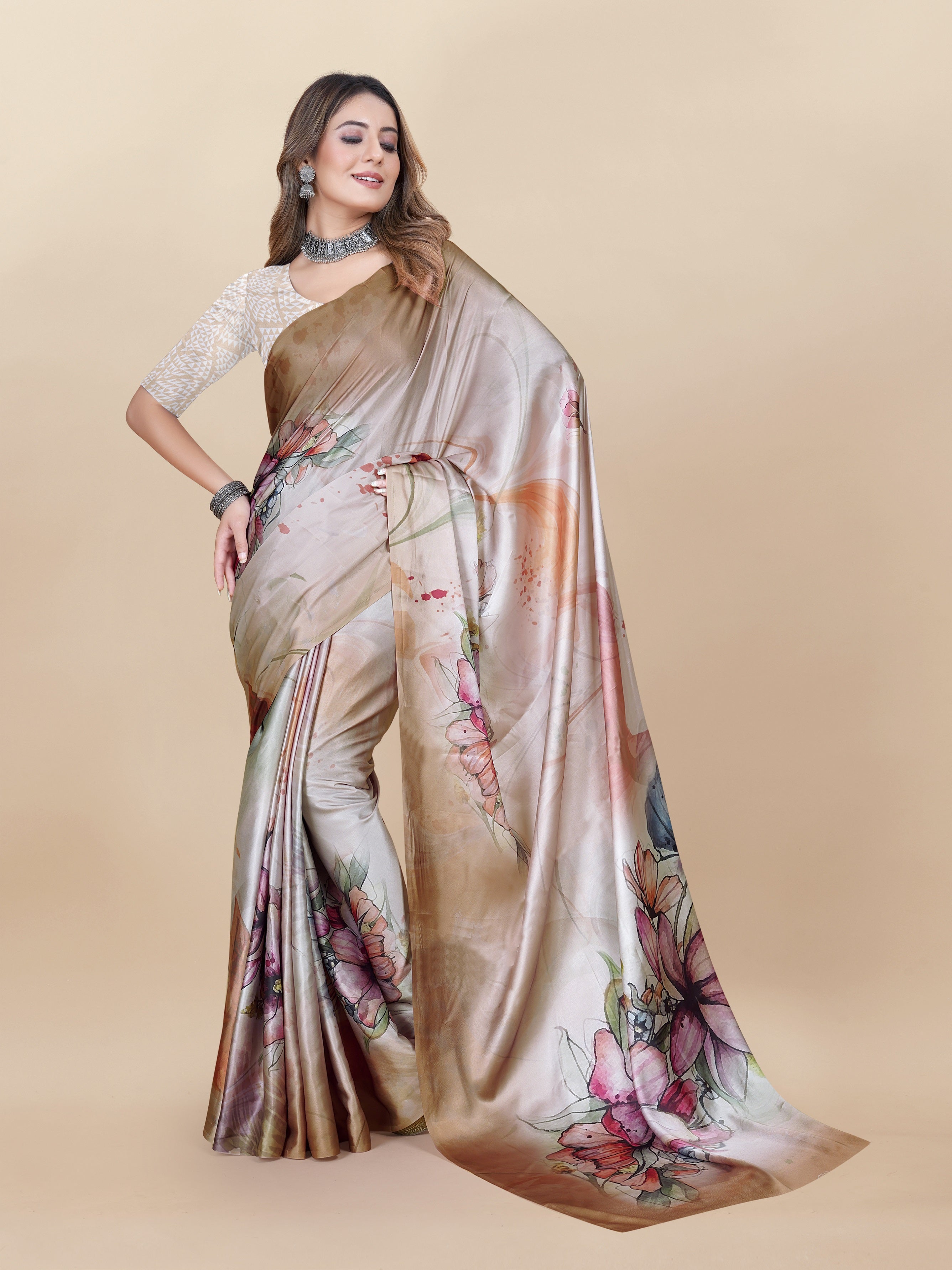 Vedant Vastram Digital Print Japan Satin Silk Party Wear Saree with Unstitched Blouse Piece - Beige
