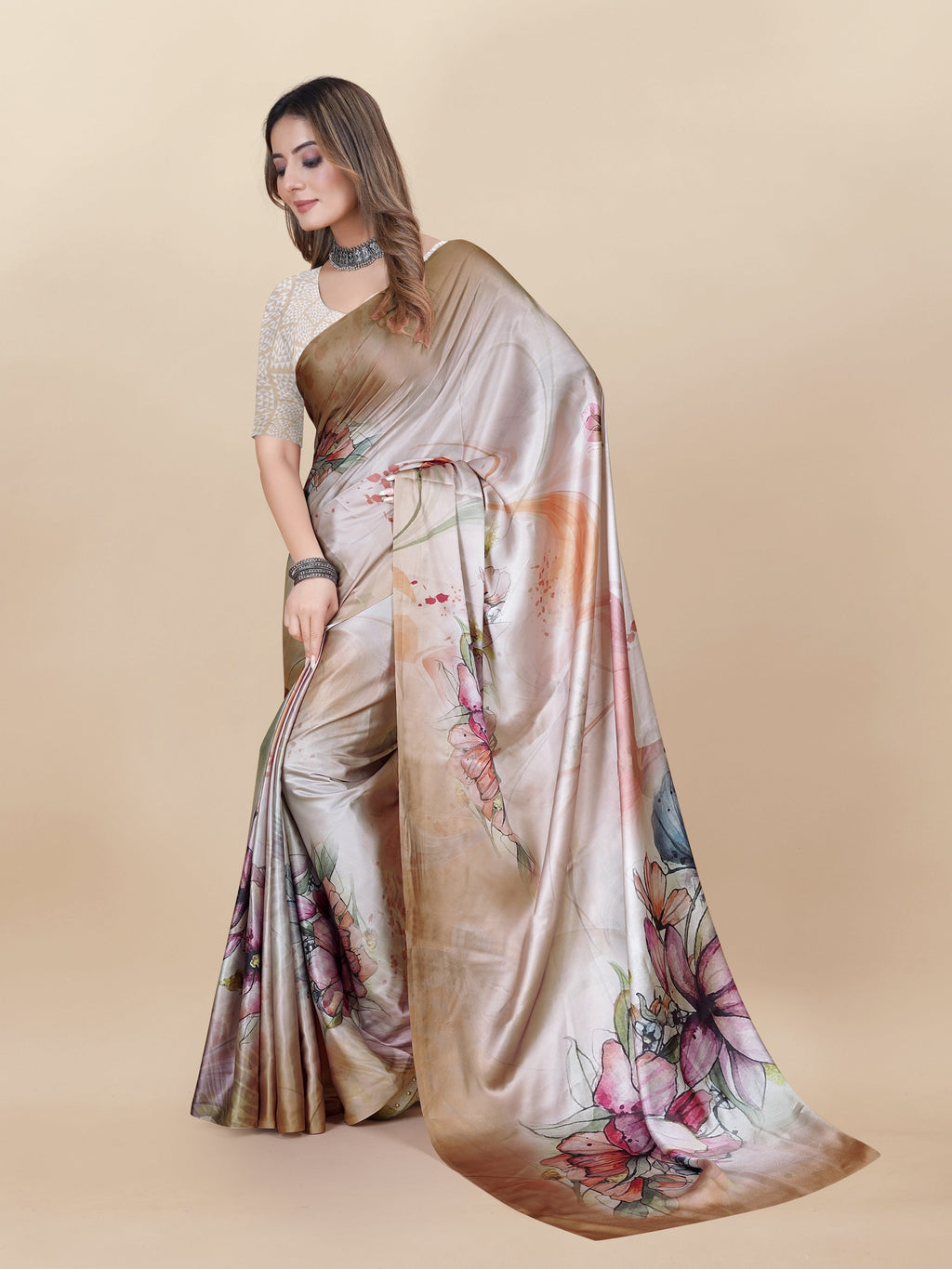 Vedant Vastram Digital Print Japan Satin Silk Party Wear Saree with Unstitched Blouse Piece - Beige