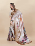 Vedant Vastram Digital Print Japan Satin Silk Party Wear Saree with Unstitched Blouse Piece - Beige
