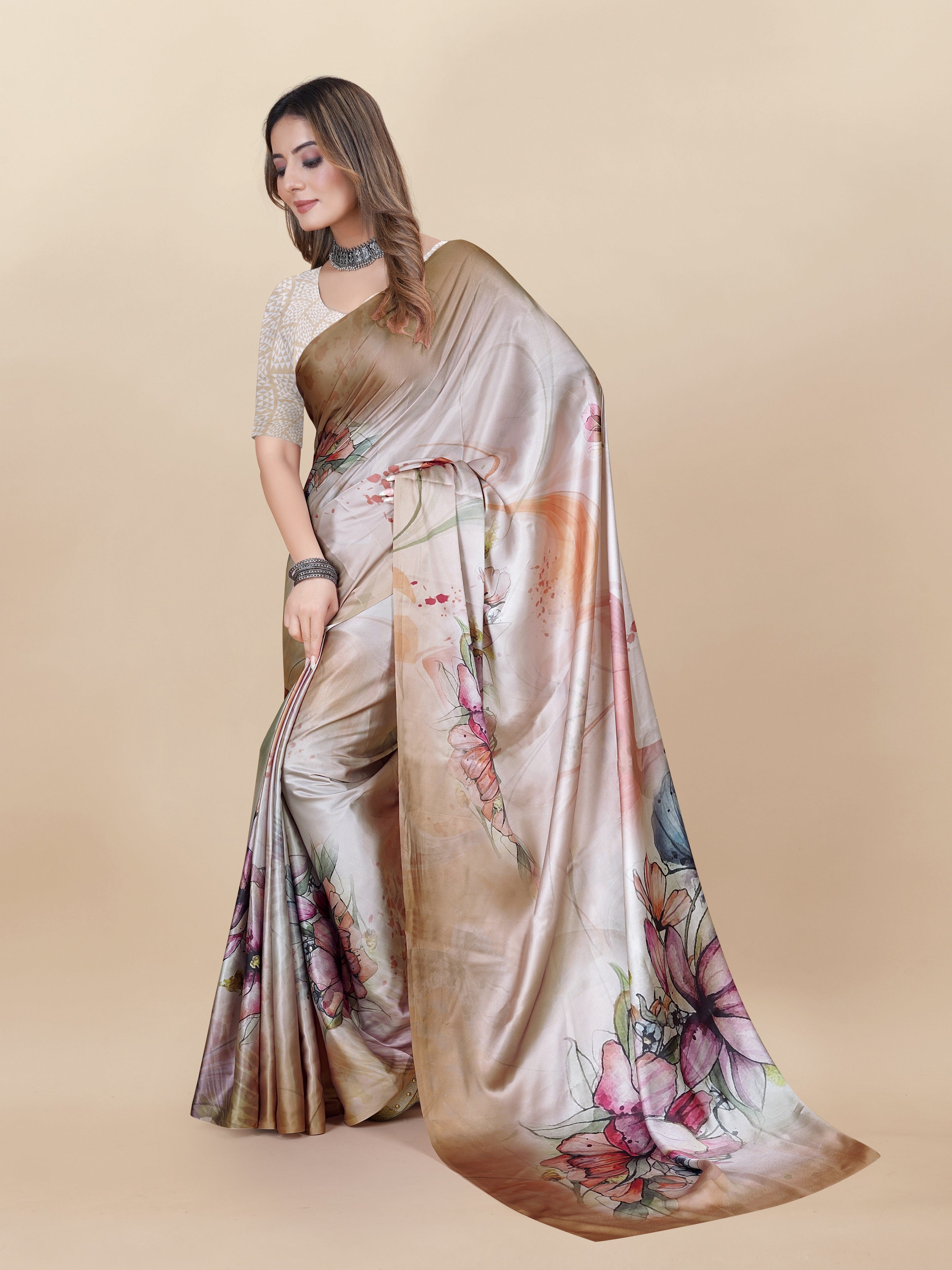 Vedant Vastram Digital Print Japan Satin Silk Party Wear Saree with Unstitched Blouse Piece - Beige