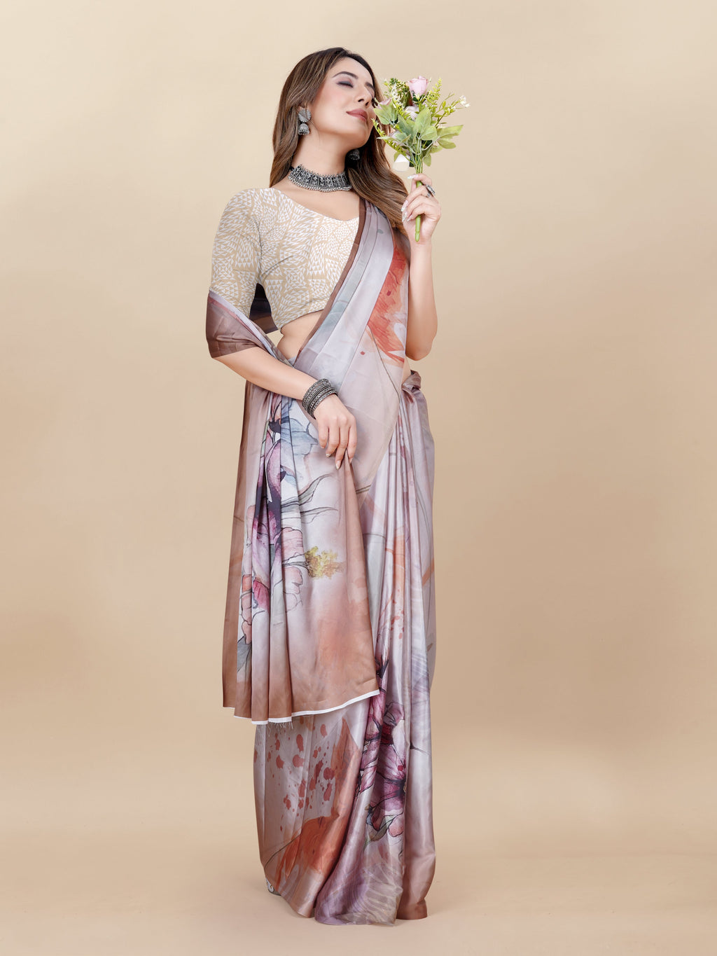 Vedant Vastram Digital Print Japan Satin Silk Party Wear Saree with Unstitched Blouse Piece - Beige
