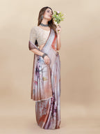 Vedant Vastram Digital Print Japan Satin Silk Party Wear Saree with Unstitched Blouse Piece - Beige