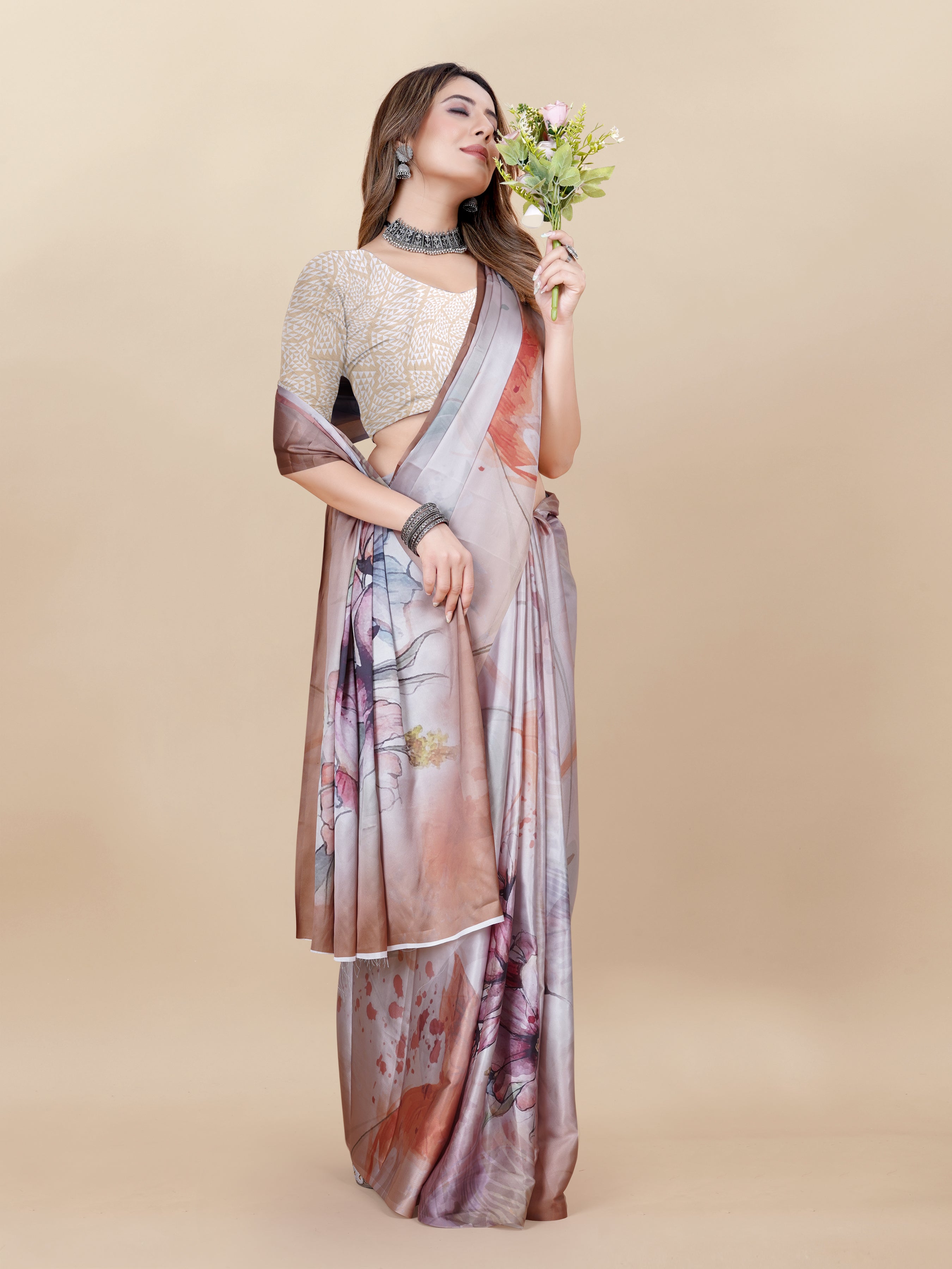 Vedant Vastram Digital Print Japan Satin Silk Party Wear Saree with Unstitched Blouse Piece - Beige