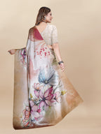 Vedant Vastram Digital Print Japan Satin Silk Party Wear Saree with Unstitched Blouse Piece - Beige