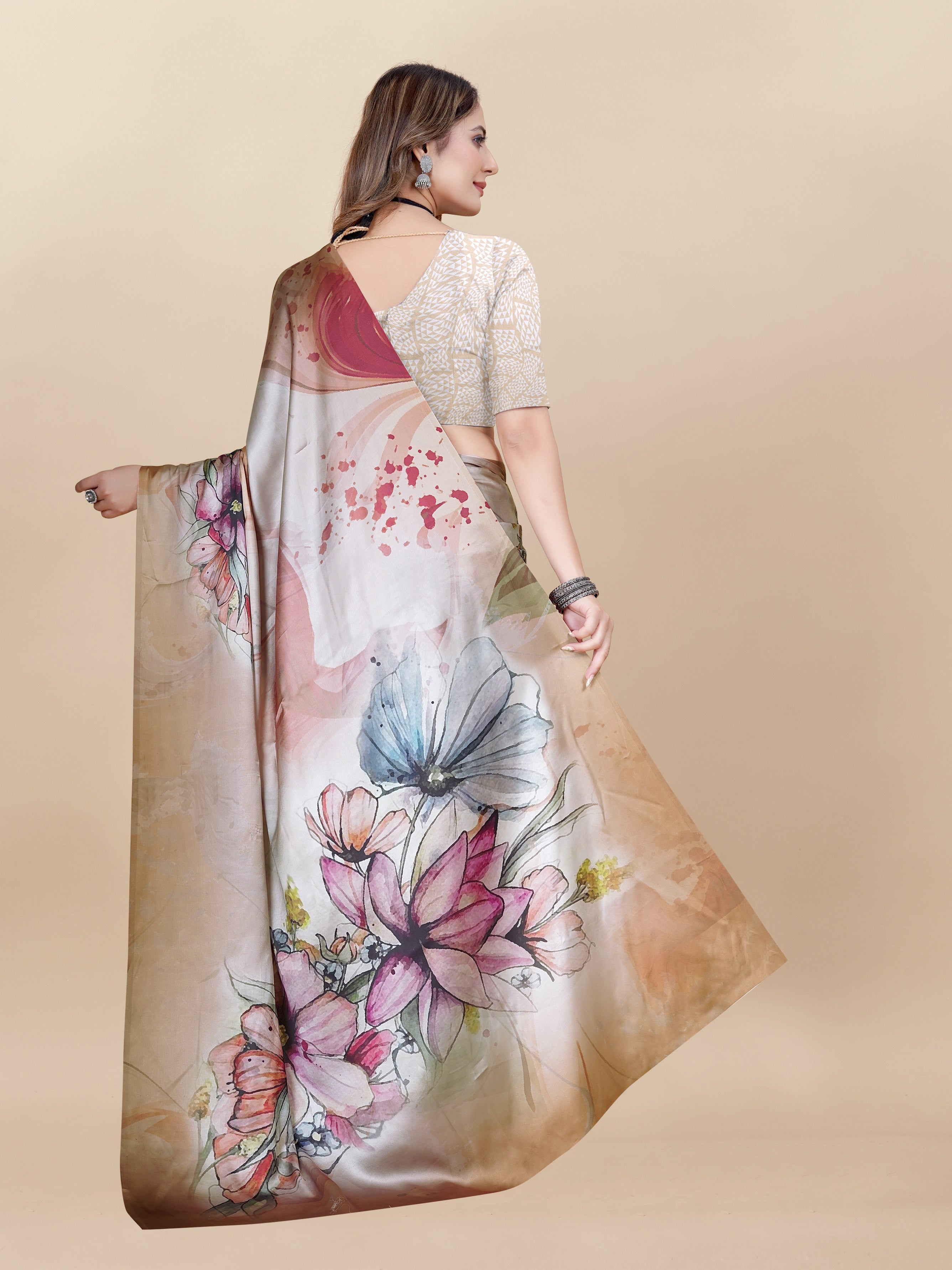 Vedant Vastram Digital Print Japan Satin Silk Party Wear Saree with Unstitched Blouse Piece - Beige