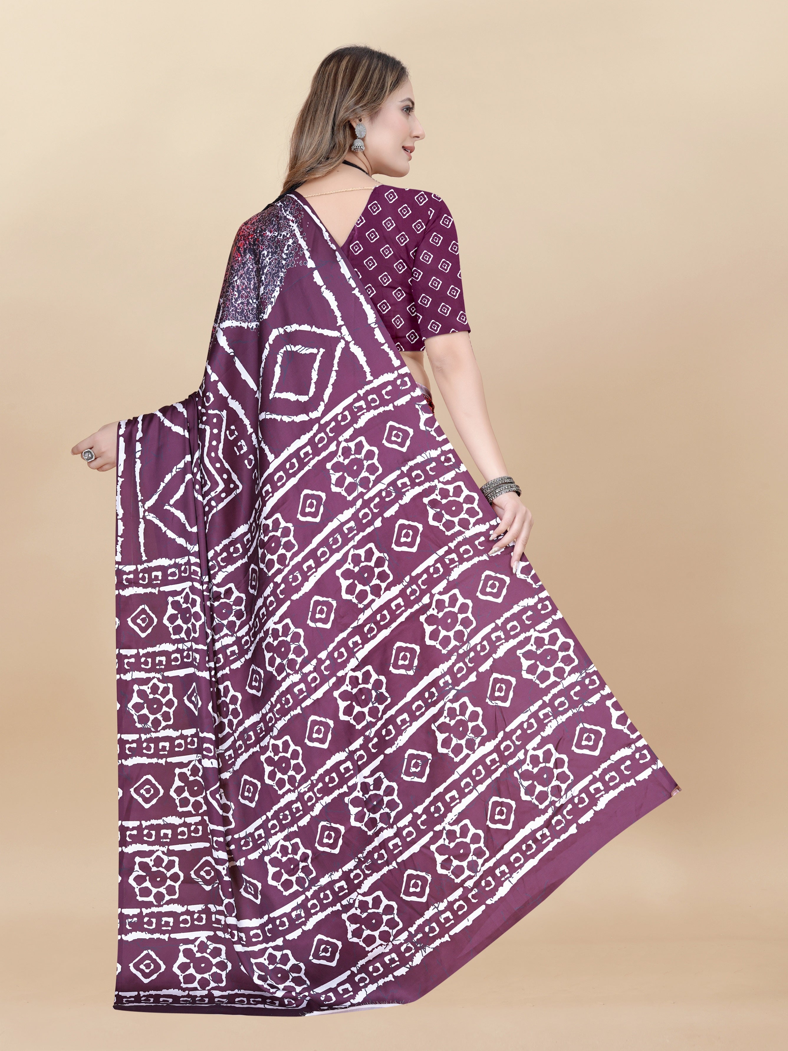 Vedant Vastram Digital Print Japan Satin Silk Party Wear Saree with Unstitched Blouse Piece - Purple