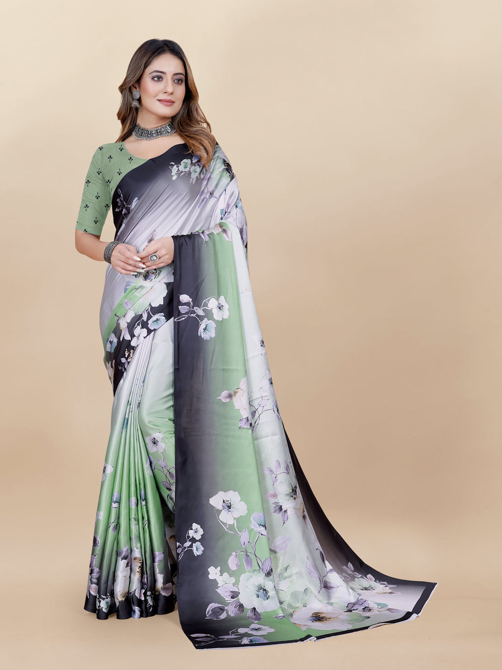 Vedant Vastram Digital Print Japan Satin Silk Party Wear Saree with Unstitched Blouse Piece - Green