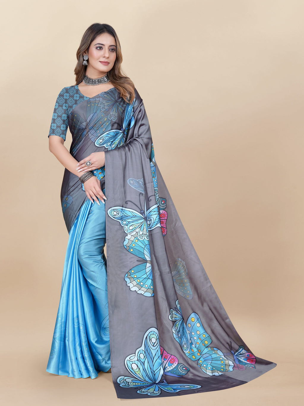 Vedant Vastram Digital Print Japan Satin Silk Party Wear Saree with Unstitched Blouse Piece - Turquoise