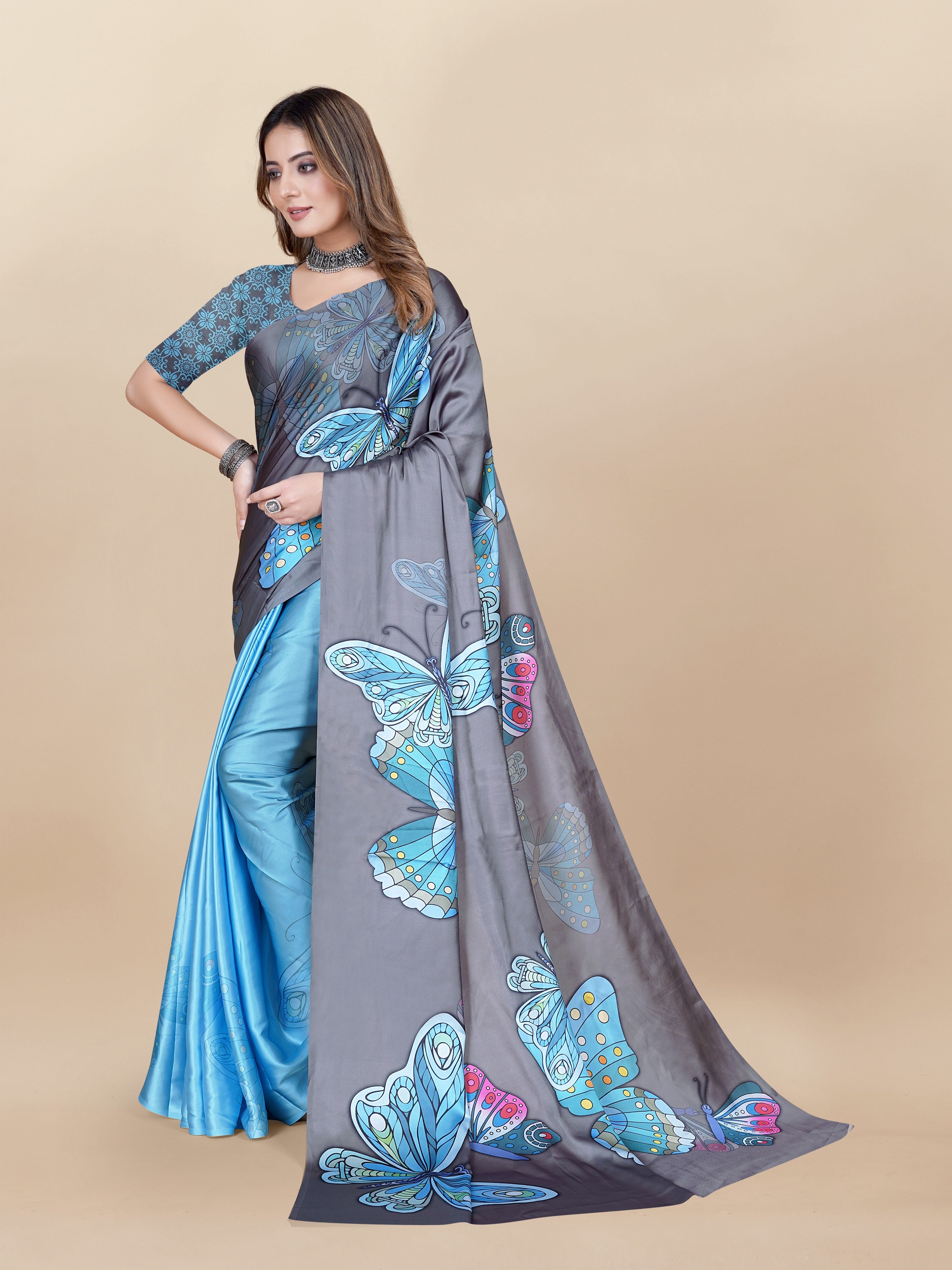 Vedant Vastram Digital Print Japan Satin Silk Party Wear Saree with Unstitched Blouse Piece - Turquoise