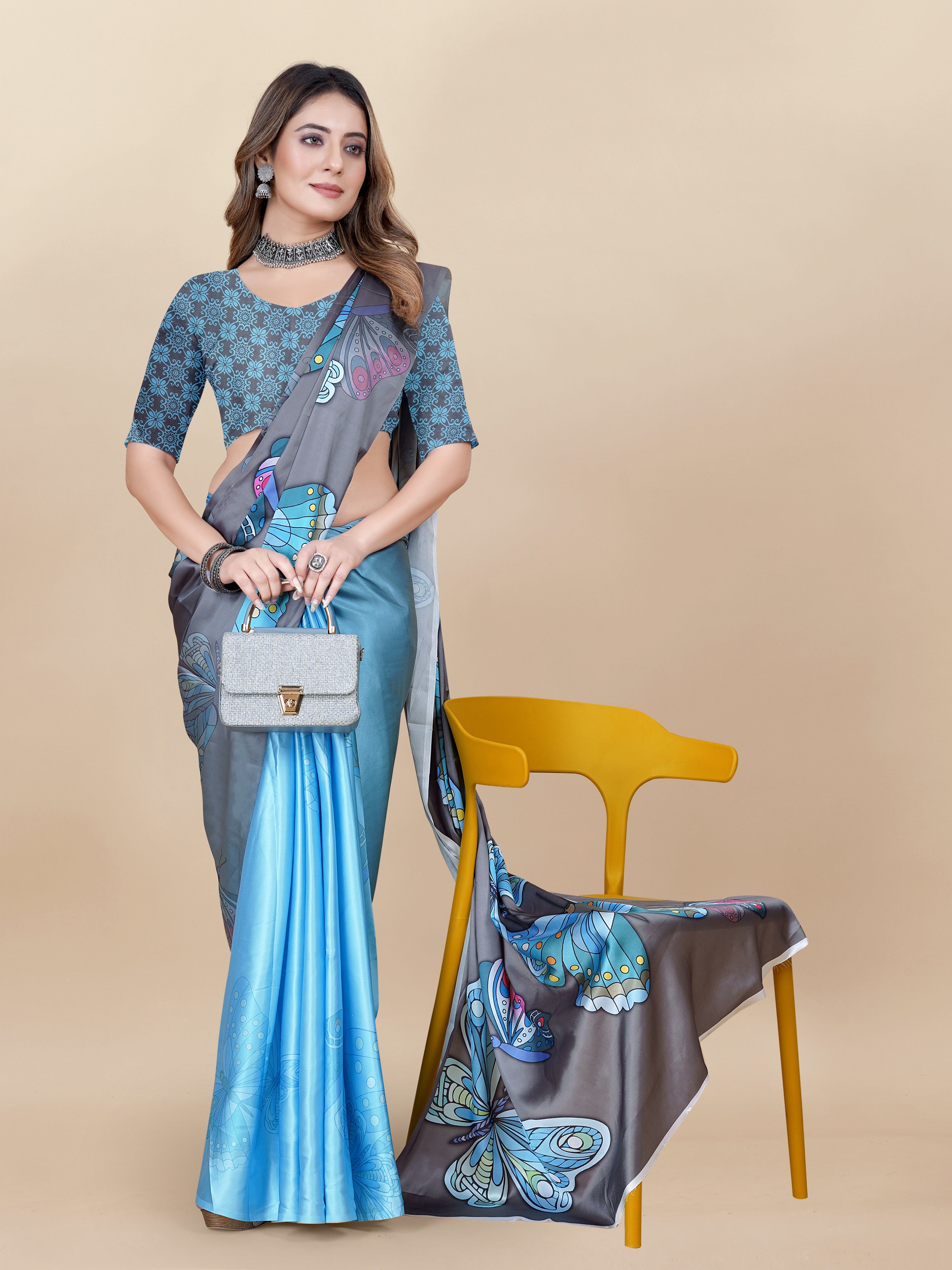 Vedant Vastram Digital Print Japan Satin Silk Party Wear Saree with Unstitched Blouse Piece - Turquoise