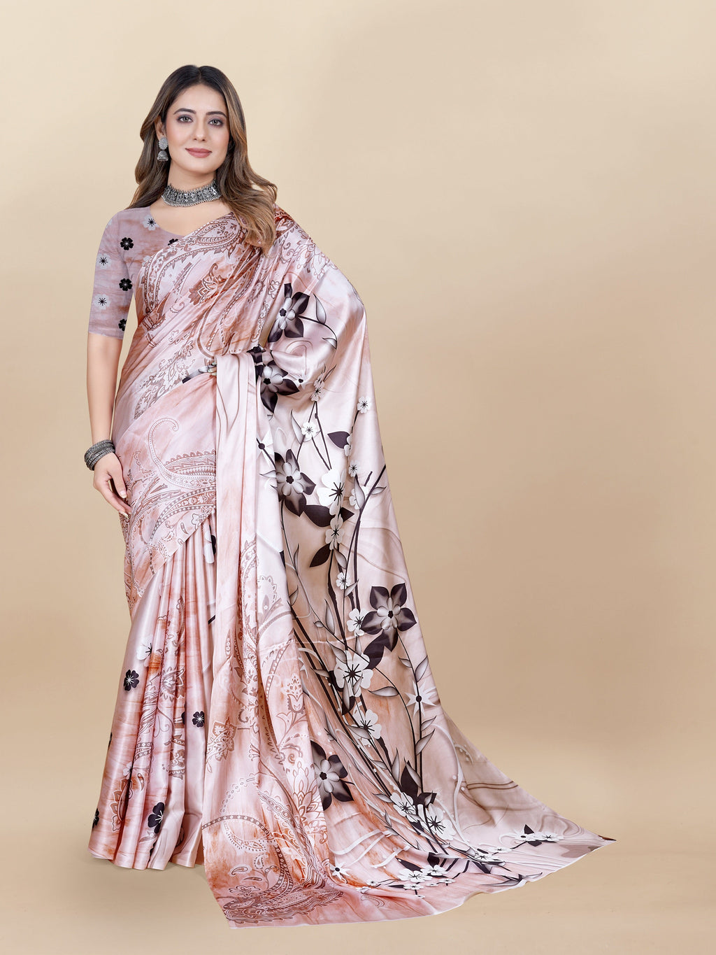 Vedant Vastram Digital Print Japan Satin Silk Party Wear Saree with Unstitched Blouse Piece - Beige