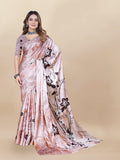 Vedant Vastram Digital Print Japan Satin Silk Party Wear Saree with Unstitched Blouse Piece - Beige